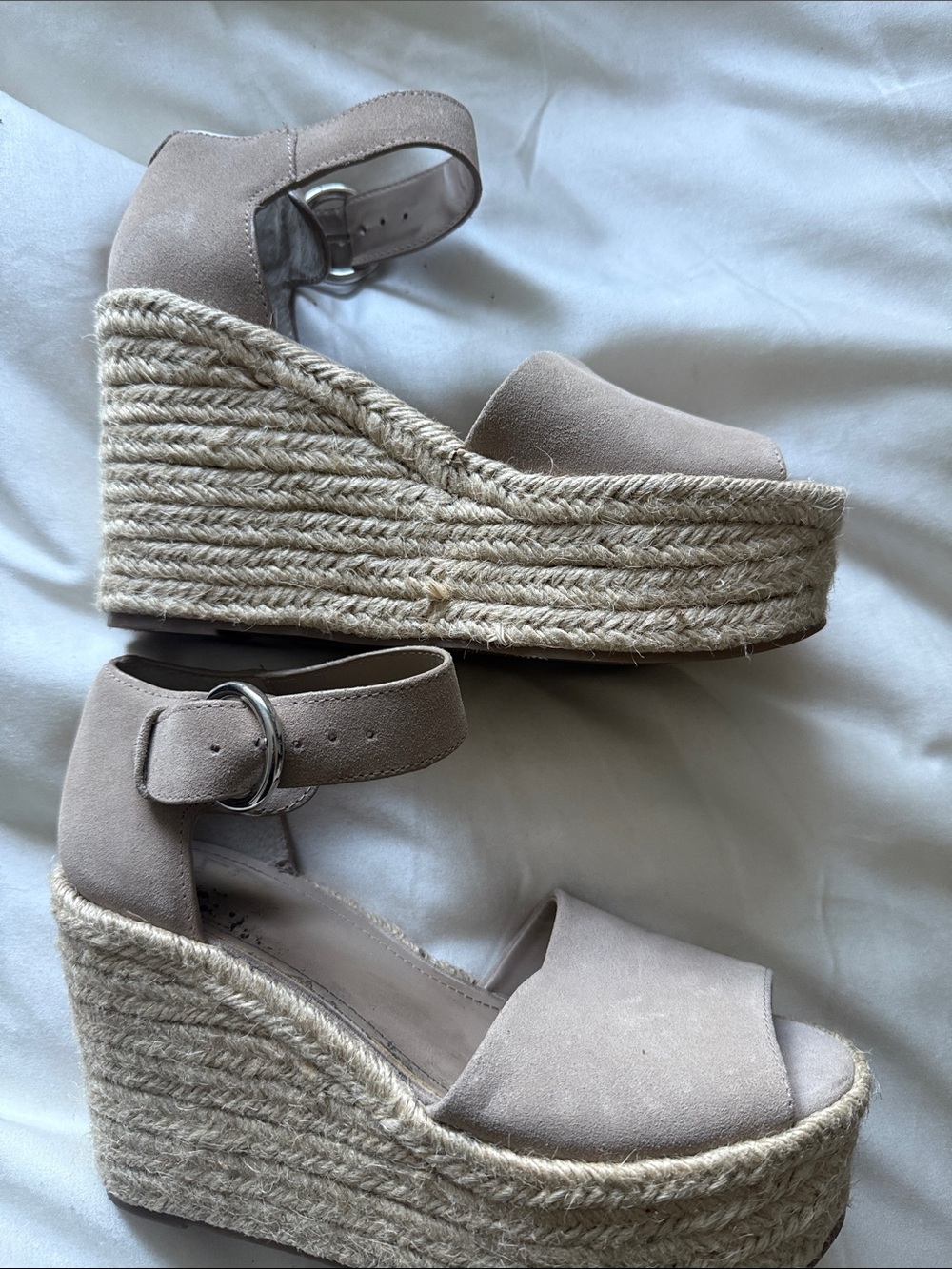 Marc Fisher Taupe Suede Espadrille Wedge Sandals with Ankle Strap. 8
